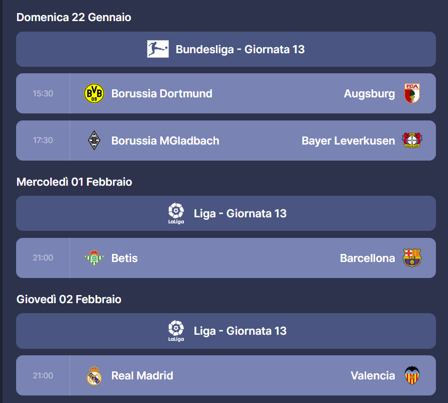 Calendario Euroleghe - Ultime partite della 13a Giornata (Fantacalcio.it)