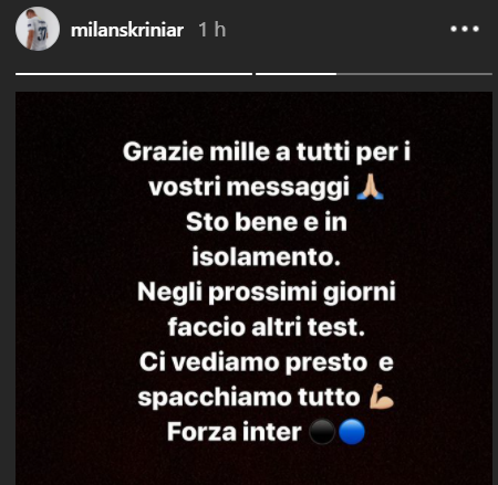 Il messaggio apparso sul profilo ufficiale Instagram di Milan Skriniar 