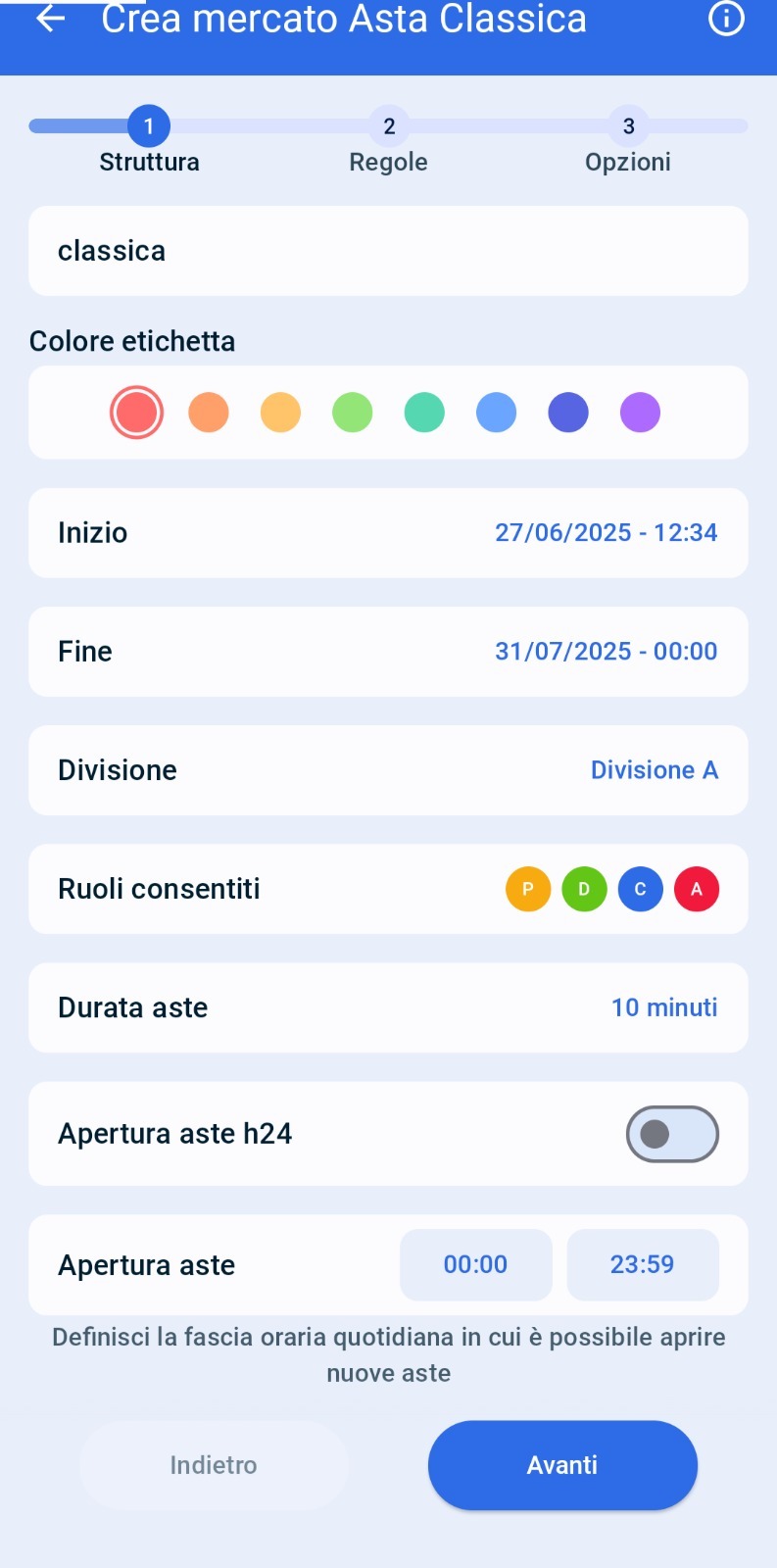 Tutte le impostazioni in sede di creazione di Asta Classic: inizio e fine, durata e ruoli consentiti 