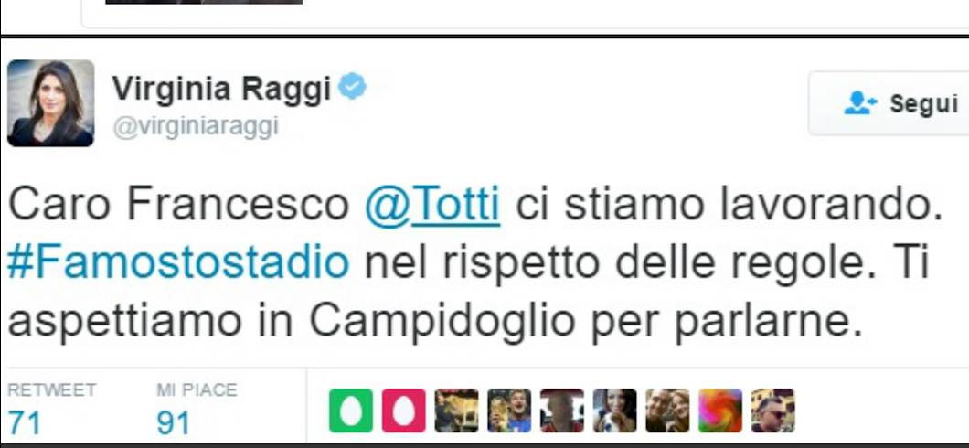 Copertina: Stadio Roma, irrompe la Raggi e risponde a Totti: "Ci stiamo lavorando, ma nel rispetto delle regole"