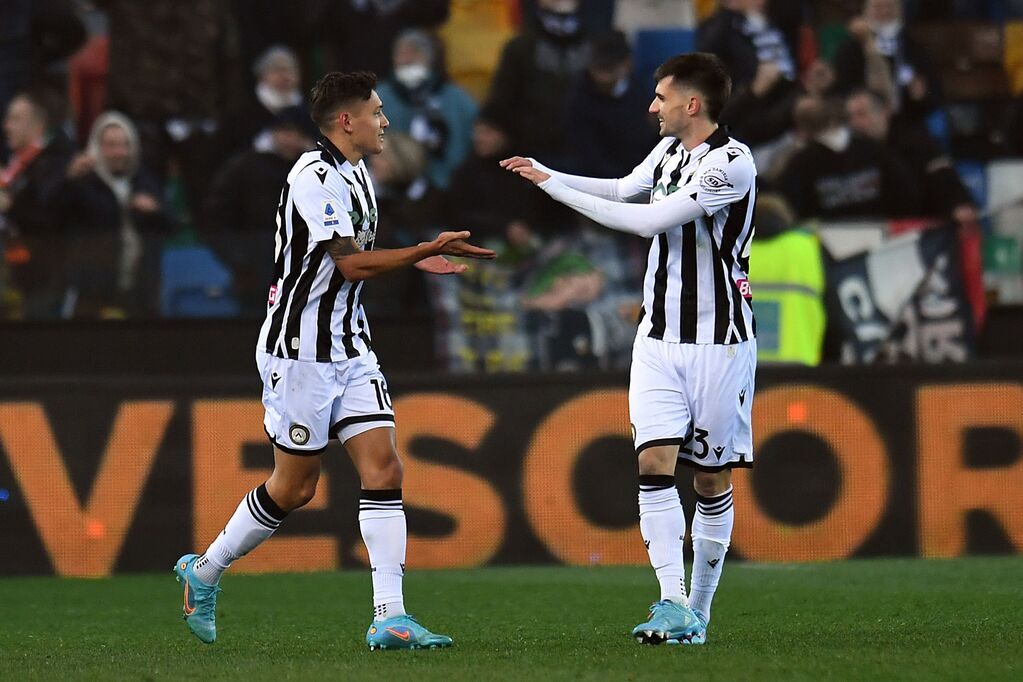 Udinese, Pussetto esulta con Molina (Getty)