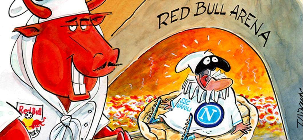 Copertina: FOTO Napoli, lo sfottò del Red Bull Salisburgo: Pulcinella finisce nel forno delle pizze