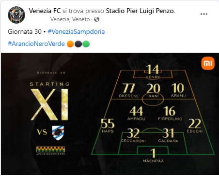 Venezia-Sampdoria, la formazione arancioneroverde (Facebook)