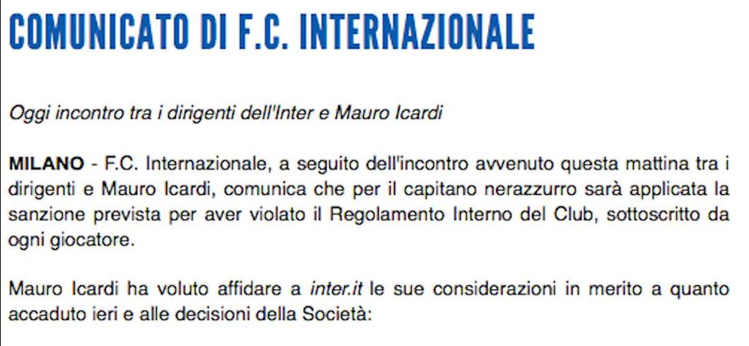 Copertina: Inter, arriva il comunicato della società. Icardi resta capitano: "Mi impegnerò perchè queste pagine non ci siano più"