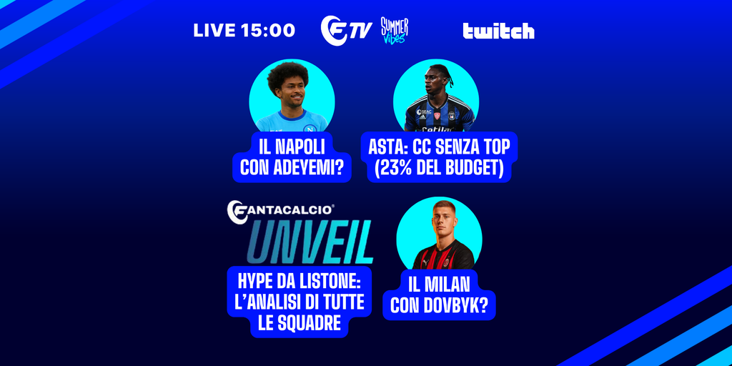 Copertina: Live! Asta: centrocampo senza top col 23% di budget? | Dovbyk, Adeyemi, Nzola e Simeone: calciomercato | Summer Vibes | Fantacalcio Tv