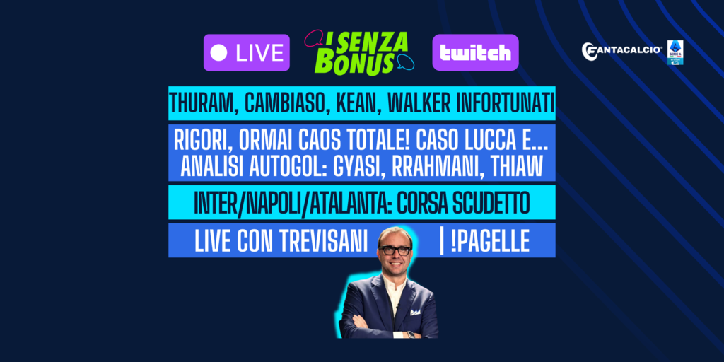 Copertina: Live! Thuram, Cambiaso, Kean e Walker: !infortunati | Analisi scudetto Juve-Inter-Napoli-Atalanta | Focus rigori e analisi autogol | Senza Bonus con Trevisani | Fantacalcio TV