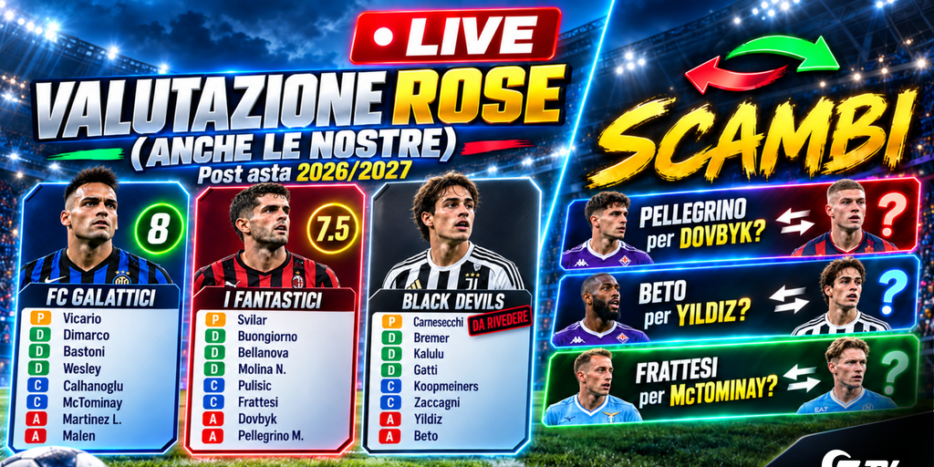 Copertina: LIVE! Valutazioni rose e proposte di scambi| Dimarco, Volpato, Boga, McTominay: le ultime | Fiorentina: da dove arriveranno i bonus? | FANTACALCIO TV