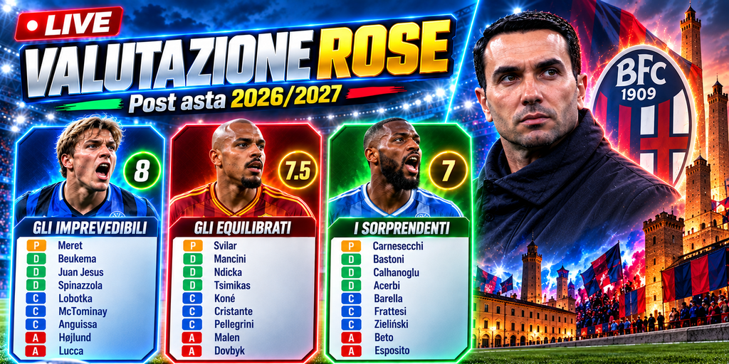 Copertina: Live! Il Bologna di Palladino | Juventus, si passa al 3-4-2-1? Anguissa, Calhanoglu, Orsolini, Zaniolo | Valutazioni rose | Fantacalcio Tv