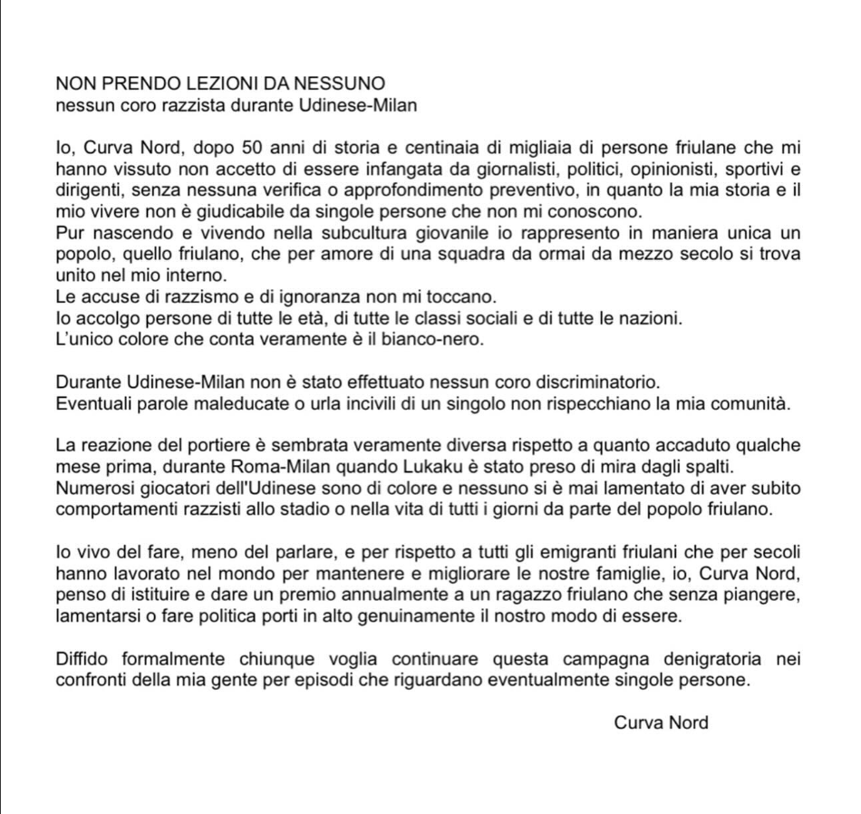 Comunicato Curva Nord Udinese