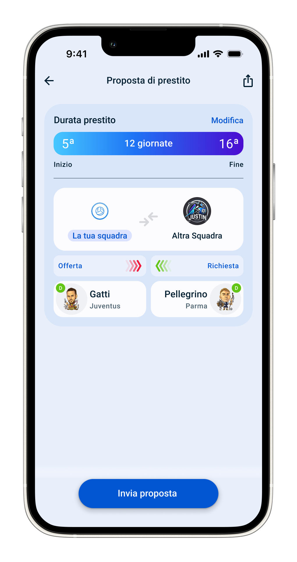 La schermata di riepilogo che vi troverete al momento dell'offerta di prestito su Leghe Fantacalcio®
