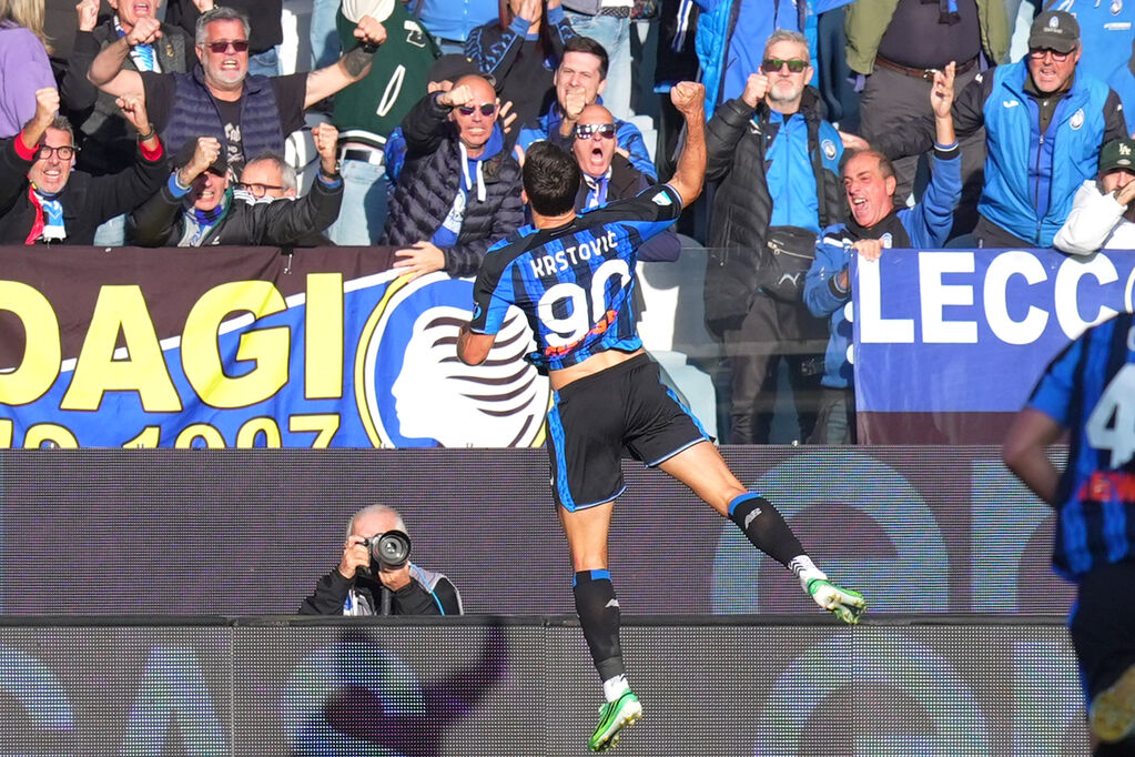 Atalanta - Frosinone 4-4, Krstovic esulta dopo il gol del provvisorio 3-2 (LaPresse)