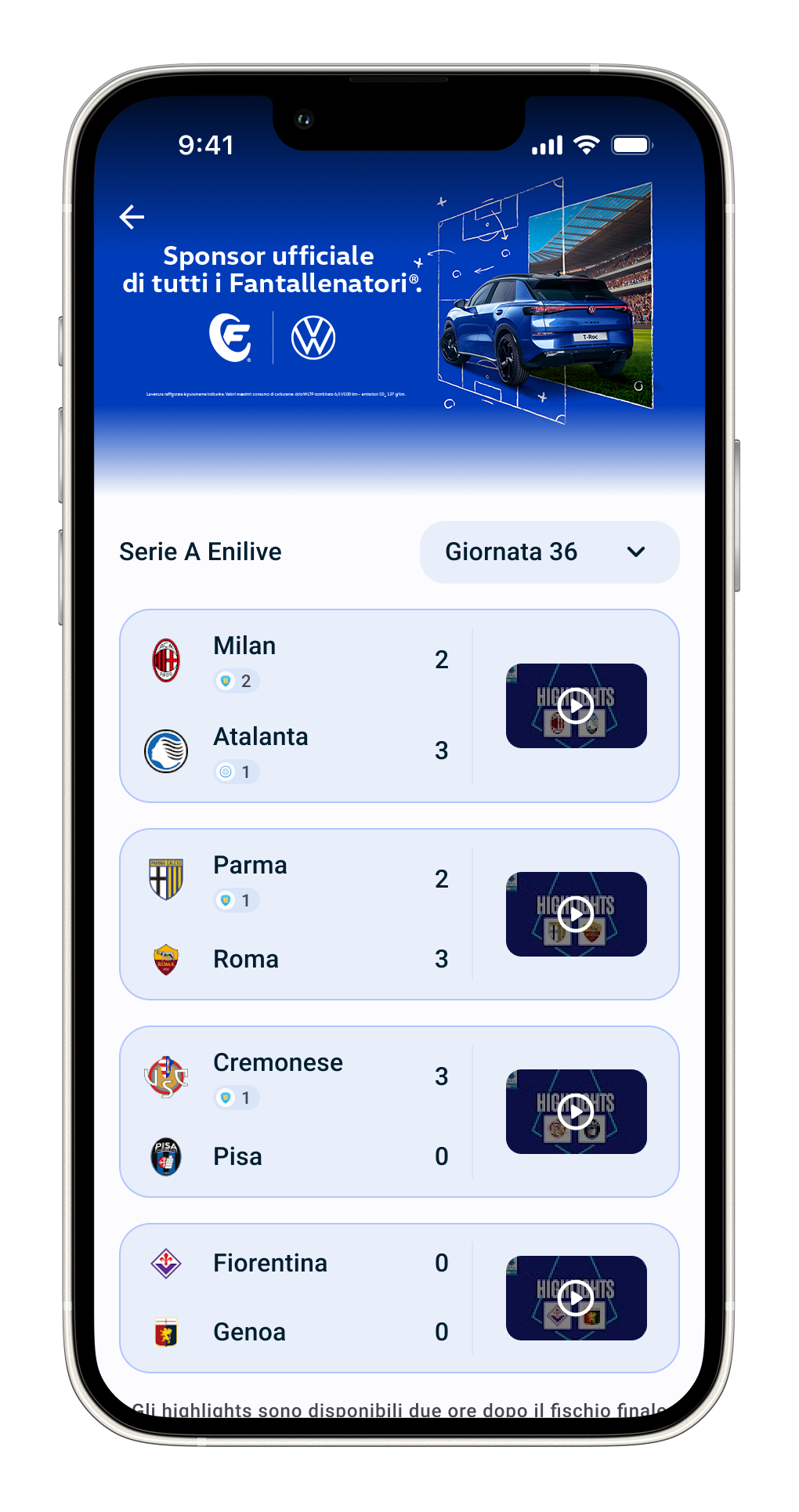 Rivivi gli highlights dei tuoi calciatori direttamente in app Leghe Fantcalcio®